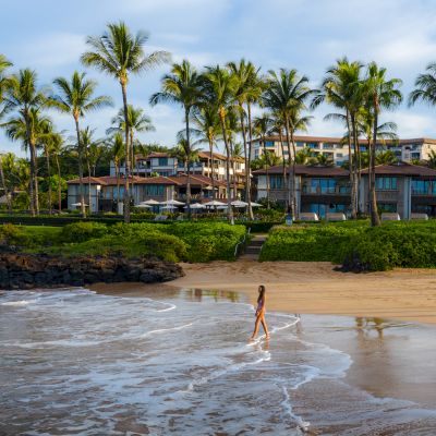 A serene beach scene with a person walking along the shore, palm trees, and a luxurious resort in the background.