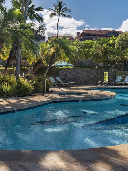 The image shows a serene pool surrounded by palm trees and lounge chairs, creating a relaxing tropical atmosphere.