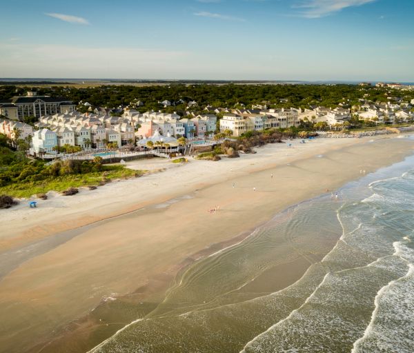 A beachfront scene with a long sandy beach, waves, and a row of houses beside dense greenery under a blue sky.