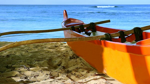 An orange canoe with paddles rests on a sandy beach, with the ocean and a clear blue sky in the background.