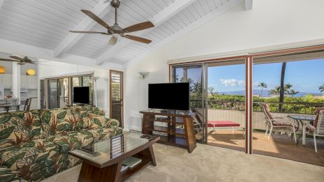 The image shows a living room with a tropical-themed sofa, TV, glass doors leading to a balcony with outdoor furniture and scenic views.
