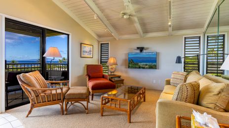 A cozy living room with wicker furniture, a TV, and large windows revealing an outdoor view. There are warm earth tones throughout the space.