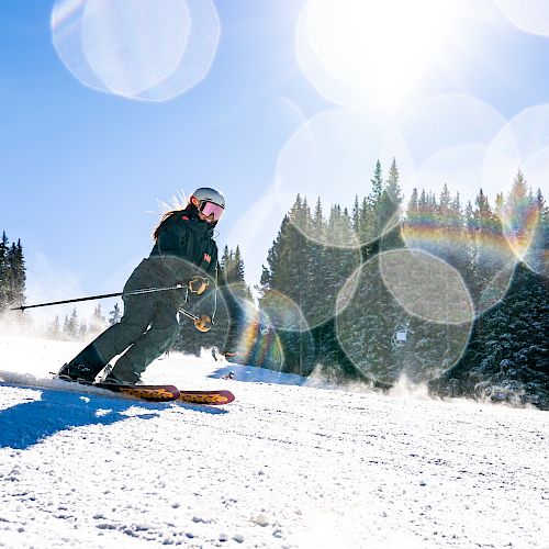Two skiers on a sunny, snowy mountain slope with trees in the background and lens flares in the image.
