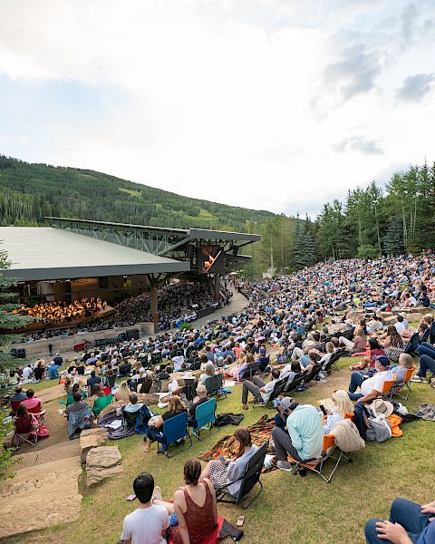 A large outdoor audience watches a concert at an open-air amphitheater surrounded by trees and mountains in daylight.