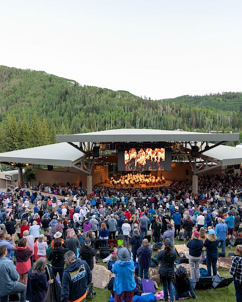 An outdoor concert amidst lush green hills, with a large audience gathered around a stage.