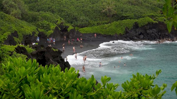 A black sand beach with people swimming and relaxing, surrounded by lush green foliage and rocky formations.