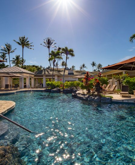A tranquil outdoor pool scene with clear blue water, surrounded by lounge chairs, umbrellas, and palm trees under a sunny sky.