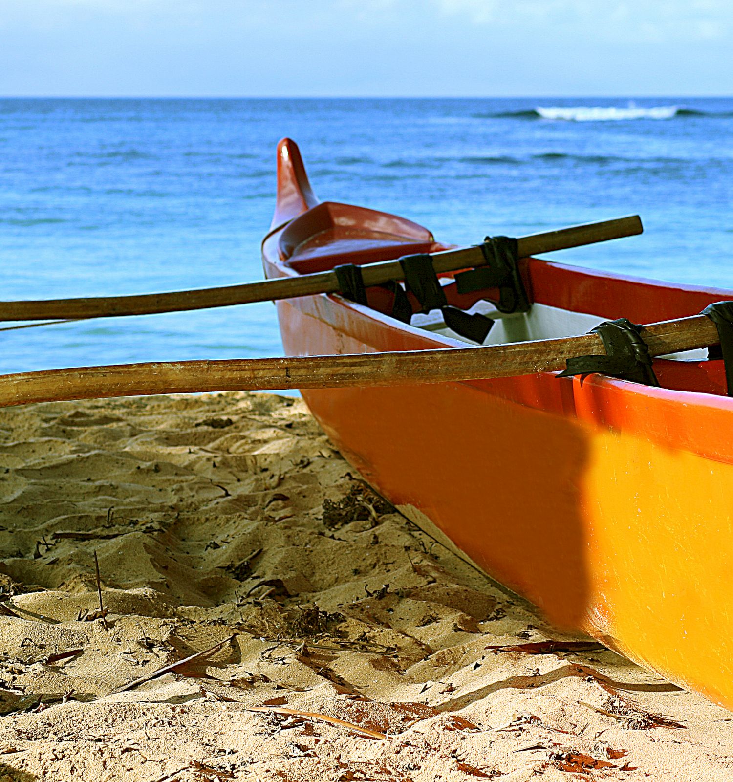 A bright orange canoe with wooden oars sits on a sandy beach, facing the calm blue sea under a clear sky.