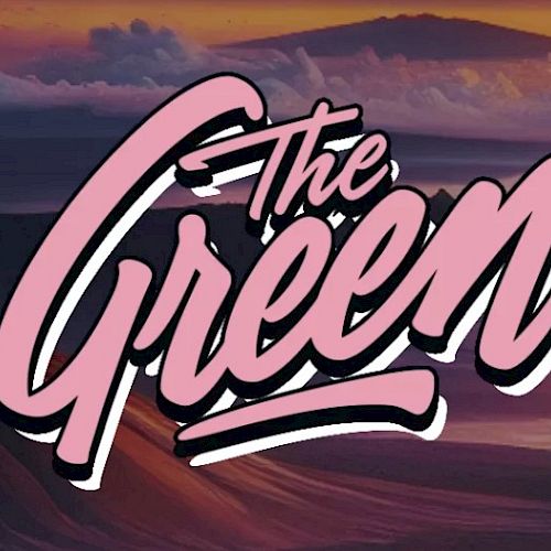 The image features stylized text "The Green" in pink, set against a mountainous landscape with a sunset background.