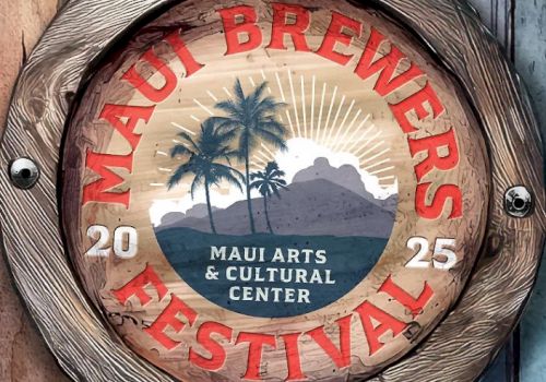 Sign for the "Maui Brewers Festival 2025" at the Maui Arts & Cultural Center with a tropical design including palm trees and a mountain.