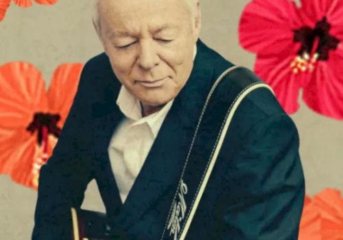A person in a suit playing a guitar, with a background of bright red and orange flowers, creating a vibrant and artistic atmosphere.