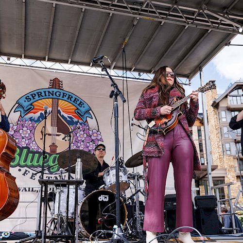 A band performing on stage at an outdoor festival with instruments like a cello, drums, and violin, under a "Springfree" festival banner.