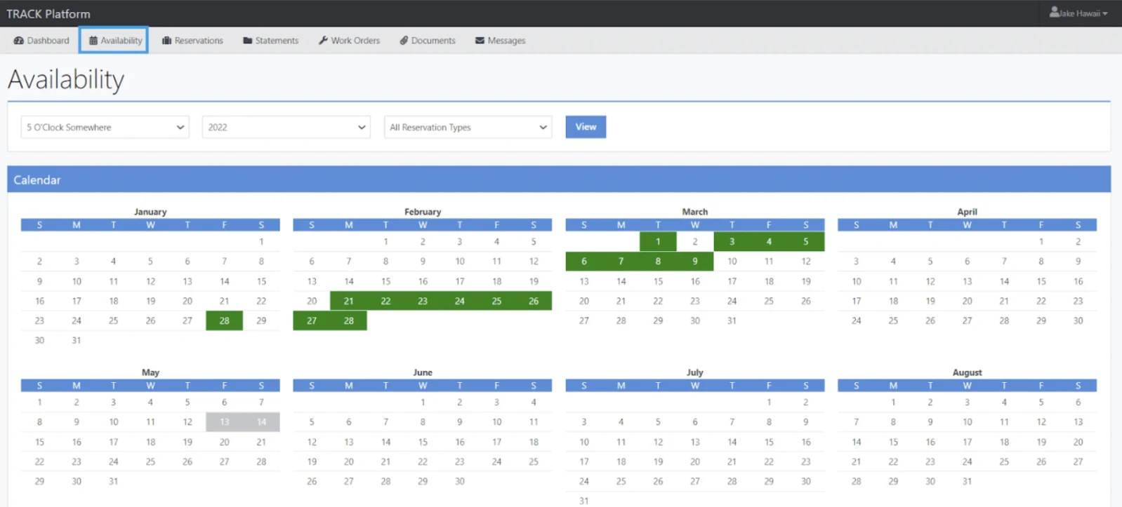 The image shows a calendar/availability interface with highlighted green days across January&ndash;April, indicating booked or available dates.
