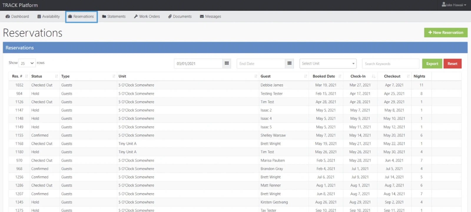 A reservation management dashboard showing a table of bookings with columns for ID, status, type, unit, guest name, check-in/out dates, and counts, plus actions and filters.
