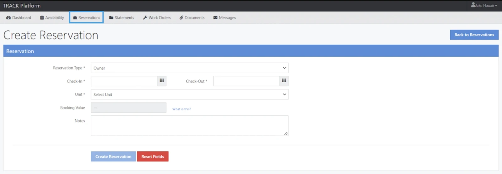 A &ldquo;Create Reservation&rdquo; form is shown on a web app, with fields for reservation type, check-in/out, unit, booking value, and notes.