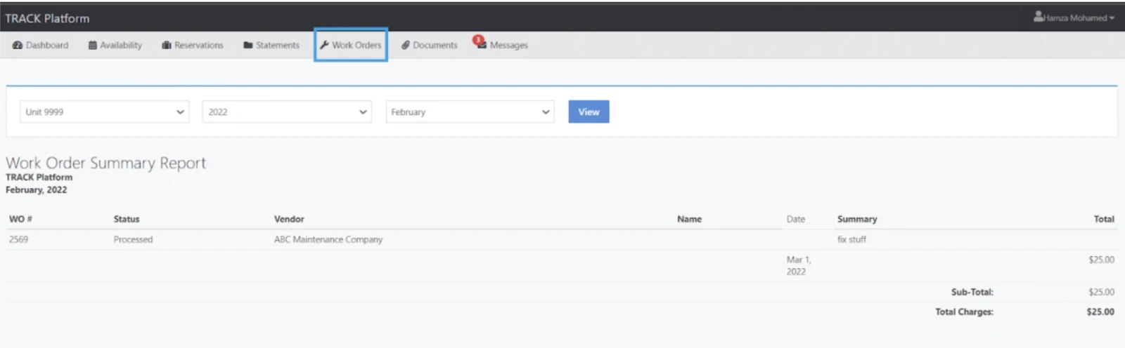 A screenshot of a web app showing a &ldquo;Work Orders&rdquo; dashboard; a summary table lists one processed order from ABC Maintenance Co. for February 2022, totaling $25. end.
