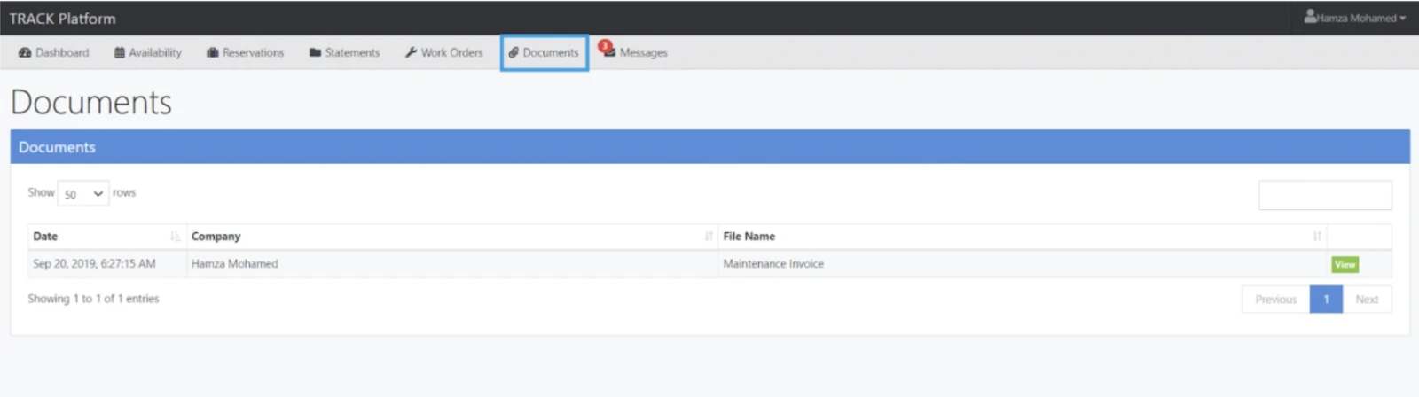 Screen shows a &ldquo;Documents&rdquo; page from TRACK Platform with a table listing one entry: date, company, file name &ldquo;Maintenance Invoice,&rdquo; and a View button.