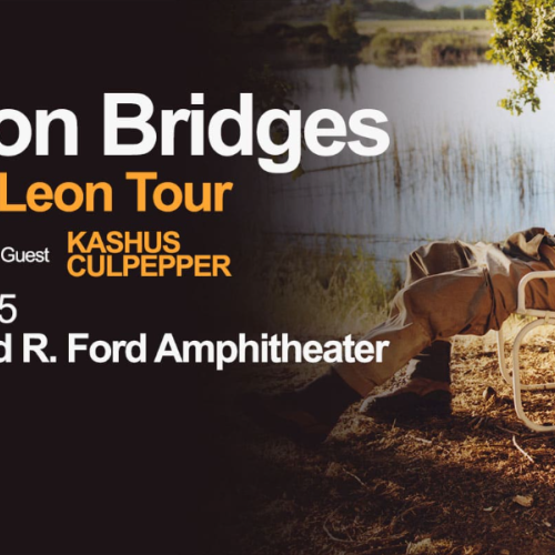Concert poster for Leon Bridges' "The Leon Tour" in Vail, CO, featuring Kashus Culpepper at Gerald R. Ford Amphitheater on May 25.
