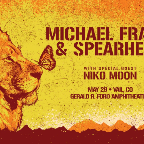 Poster for Michael Franti & Spearhead concert with Niko Moon, featuring a lion and butterfly, May 29, Vail, CO, Ford Amphitheater.