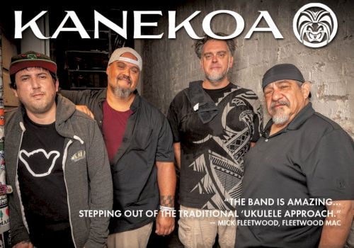 KANEKOA band members pose in casual gear, bold logo above, tagline about stepping out of traditional ukulele style, promising amazing music.