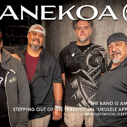 KANEKOA band members pose in casual gear, bold logo above, tagline about stepping out of traditional ukulele style, promising amazing music.