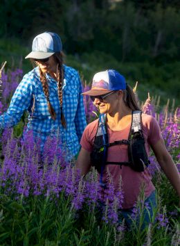 Two people are walking through a field of purple flowers, wearing casual outdoor attire and hats.