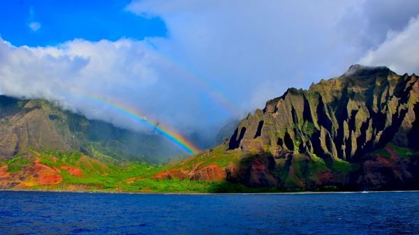 A scenic view of mountains with two rainbows arching across the sky, and a large body of water in the foreground.