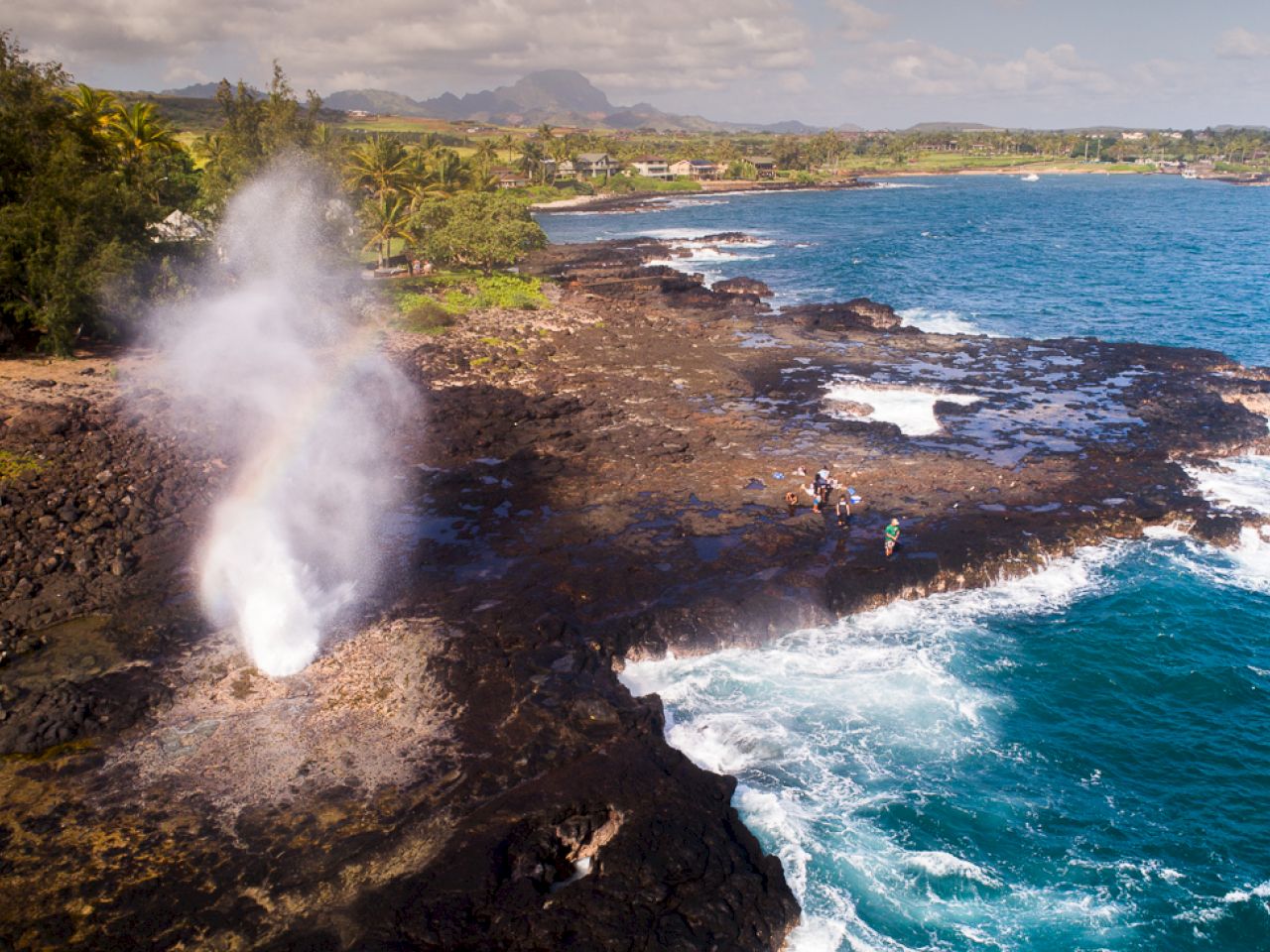 A coastal scene with waves crashing, rocky shore, and a blowhole spraying water; people nearby.