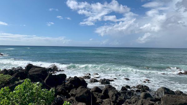A rocky shoreline with ocean waves and a clear blue sky, surrounded by greenery and clouds in the distance.