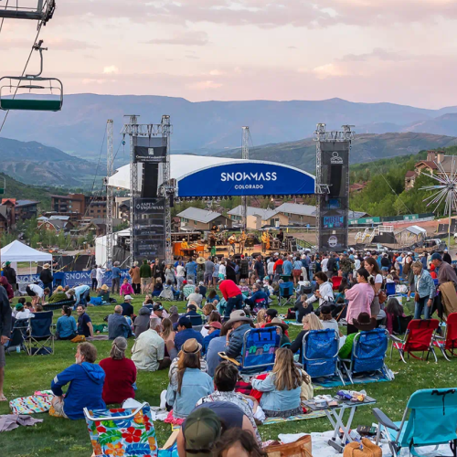 People gathered on a grassy hill enjoying a live outdoor concert with mountains in the background, featuring a stage and Ferris wheel.
