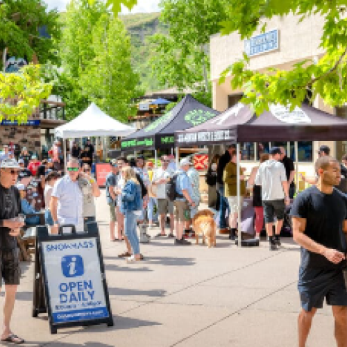 A bustling outdoor scene with people visiting market stalls under tents. A sign indicates "OPEN DAILY" for an information center or shop.