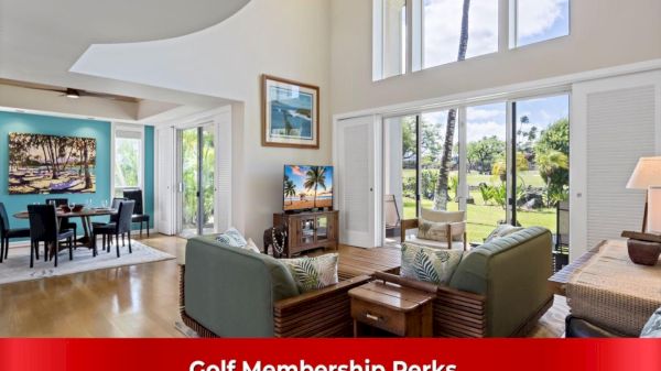 A bright, airy living room with high ceilings, large windows, and glass doors opening to a sunny backyard; modern furniture and colorful decor, labeled &ldquo;Golf Membership Perks.&rdquo;