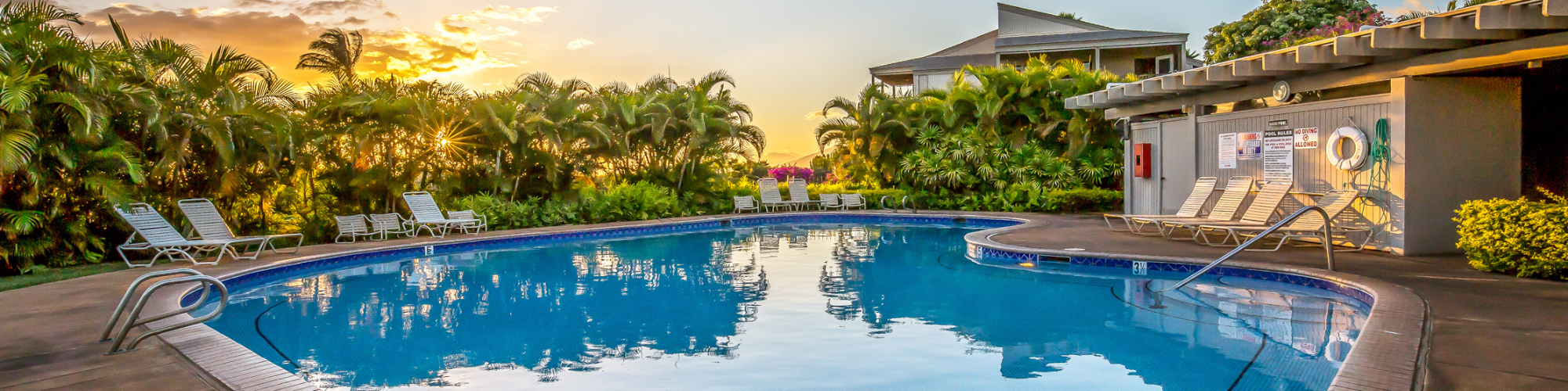 A serene pool surrounded by lush greenery and lounge chairs, with a building nearby, all under a picturesque sunset sky.