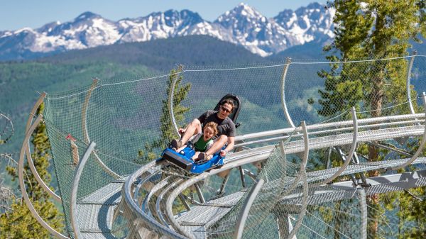 Two people are riding a mountain coaster on a track with scenic snowy mountains and trees in the background.