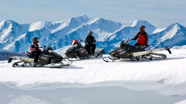 Three people on snowmobiles in snowy mountains with clear skies in the background, dressed in winter gear.