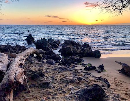 Sunset over a rocky beach with dark volcanic rocks, driftwood on sand, calm waves, and a glowing orange horizon.
