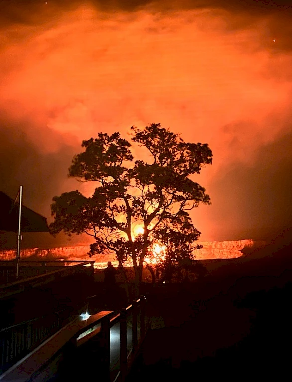 A large wildfire exploding with bright orange flames behind trees, sending a fiery glow across the night sky.
