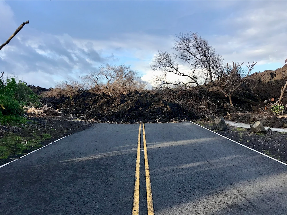 A deserted road blocked by a fallen tree and debris, with clear skies and distant hills, signaling a recent storm or landslide.