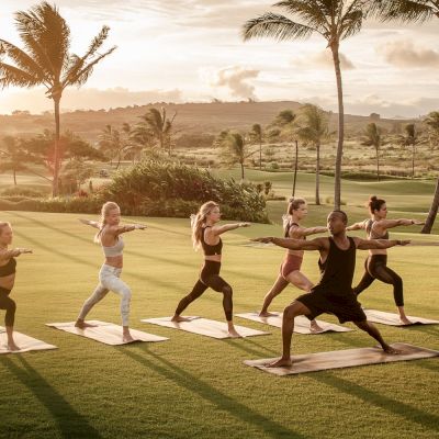 A group of people practicing yoga on a grassy field during sunset, surrounded by palm trees and a scenic landscape.