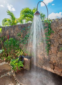 An outdoor shower with stone walls, surrounded by lush plants and a wooden gate, under a blue sky with clouds.