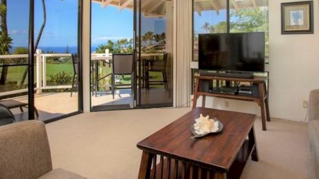 A living room with a TV, coffee table, and sofa overlooks a balcony with a sea view through glass doors, featuring a decorative shell piece.