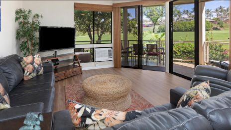 A cozy living room with dark sofas, a TV, and a round table leads to a patio with outdoor seating and a view of a lush garden through glass doors.