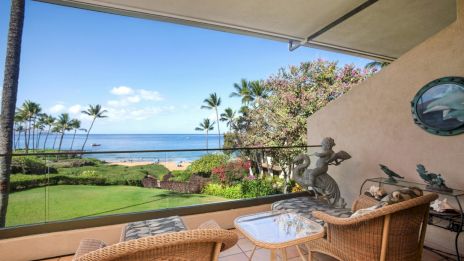 A patio with wicker chairs and a table overlooks a lush garden, palm trees, and a beach with an ocean view under a clear blue sky.