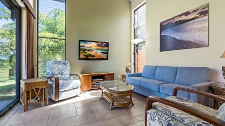 A cozy living room with a blue couch, patterned armchair, TV on a wooden stand, artwork, and large windows bringing in natural light.