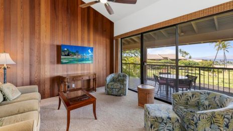 A cozy living room with wooden walls, a ceiling fan, armchairs, a TV, and sliding glass doors opening to a balcony with a scenic view.