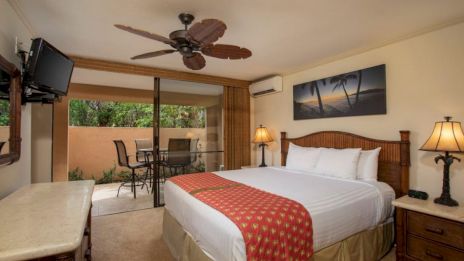 A hotel room with a large bed, ceiling fan, lamps, TV, and a patio with outdoor furniture, decorated in a tropical style.
