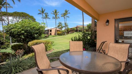 A patio with chairs and a table overlooks a lush lawn, palm trees, and distant buildings under a clear blue sky.