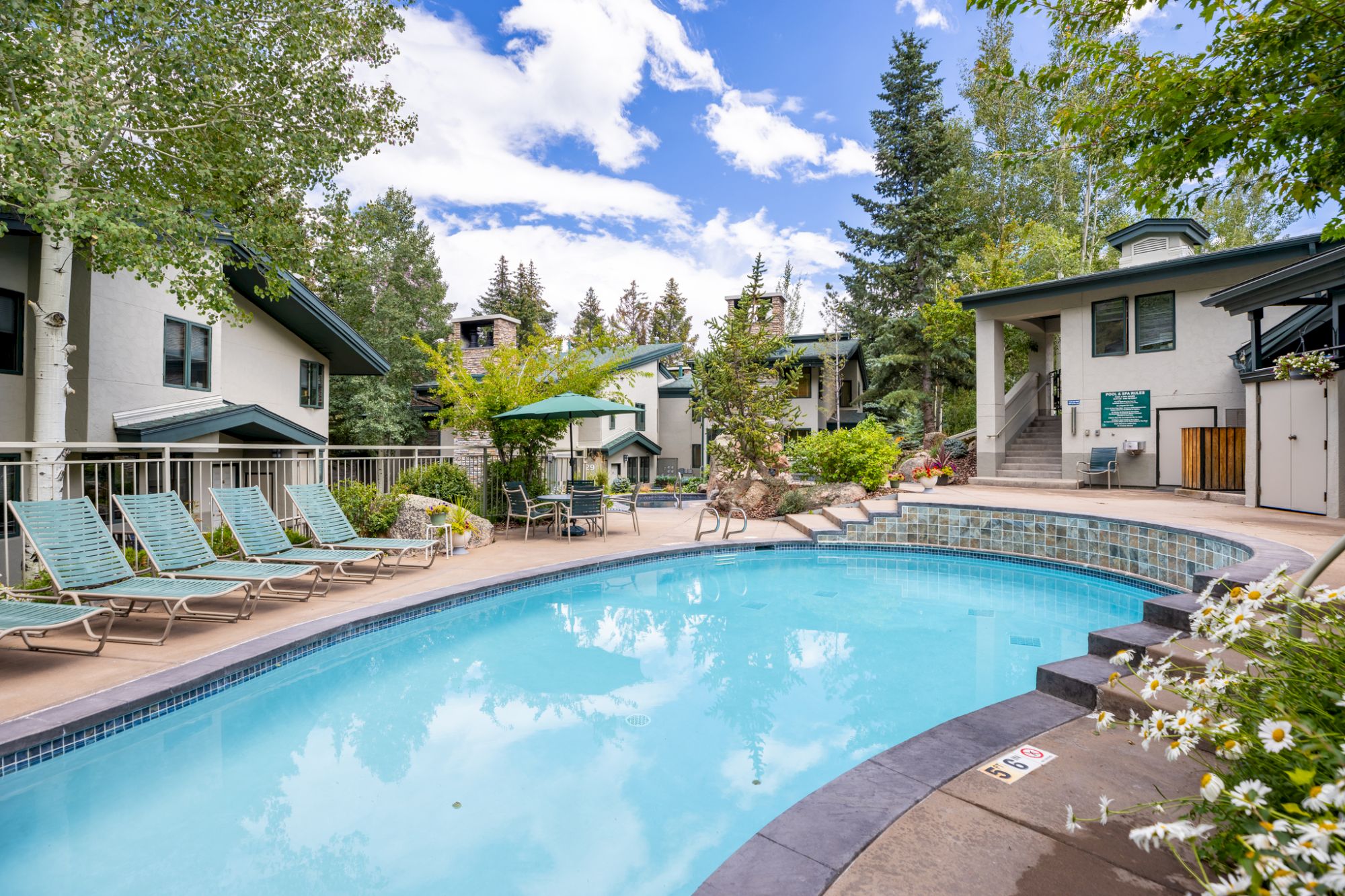 A serene apartment-style pool area with blue water, lounge chairs along the deck, green trees, and surrounding buildings.