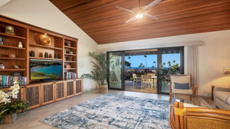 The image shows a cozy living room with a wooden ceiling, a large rug, shelves, and a sliding door opening to a patio with palm trees.