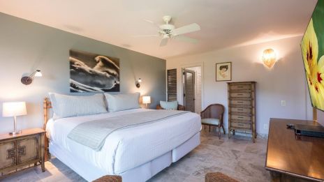 A cozy bedroom with a large bed, lamps, wall art, a ceiling fan, and a dresser, creating a comfortable and inviting space.